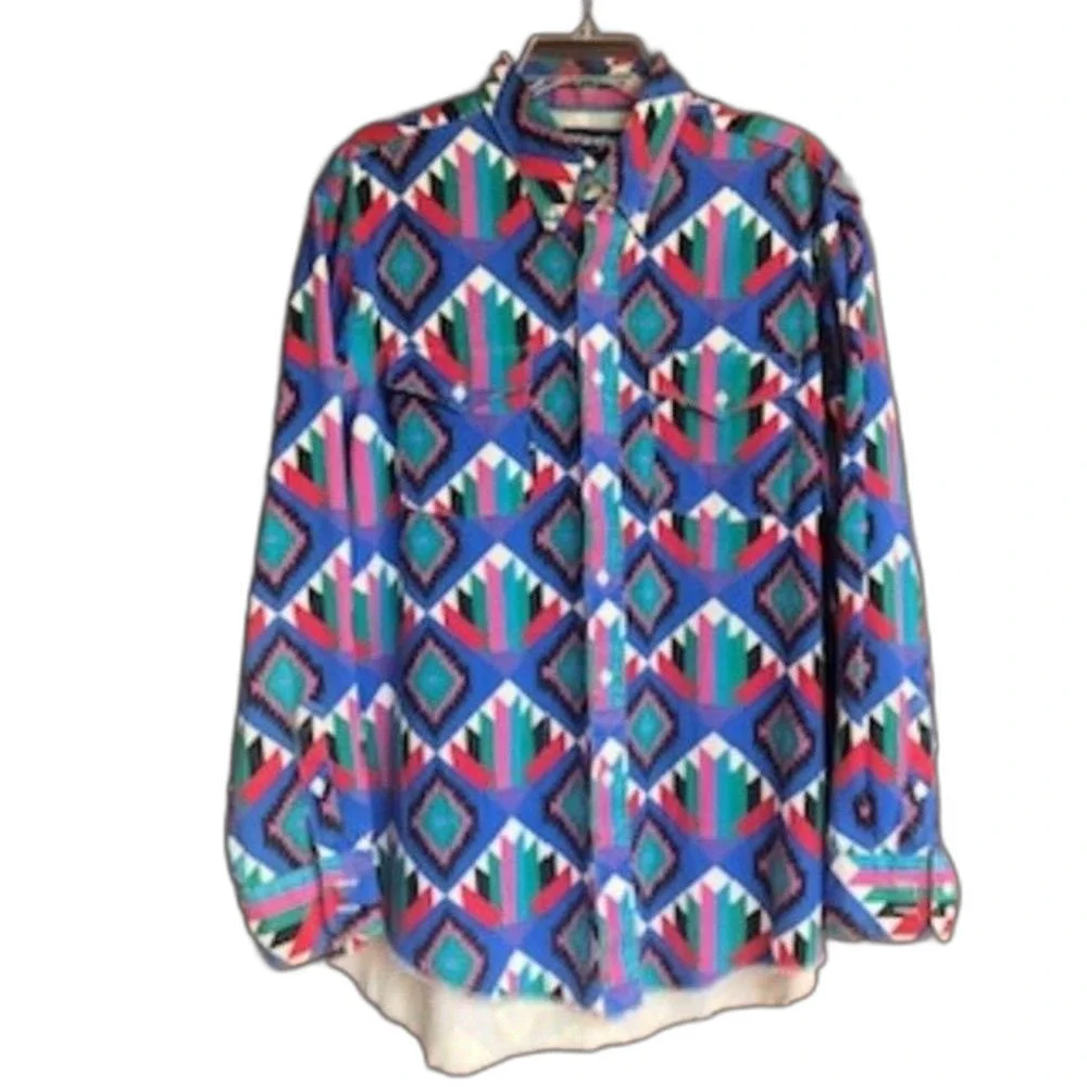 Vintage Wrangler Brushpopper Shirt Size 16.5-34 Aztec Print Cowboy Cut Western - Picture 1 of 4